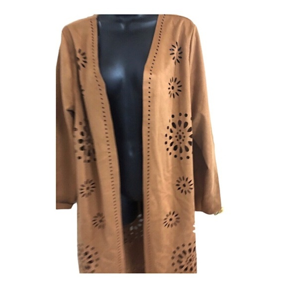 Brown boho laser cut faux suede overcoat topper jacket‎ size large new - Picture 13 of 17